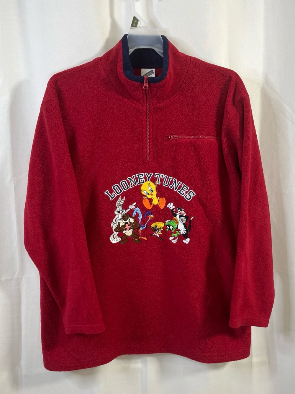 VTG Looney Tunes Warner Bros Studios Red Fleece Pullover 1/4 Zip Mens Size XL